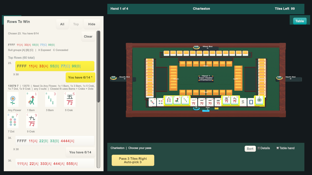 The current Mahjong table with tile artwork and Rows To Win open